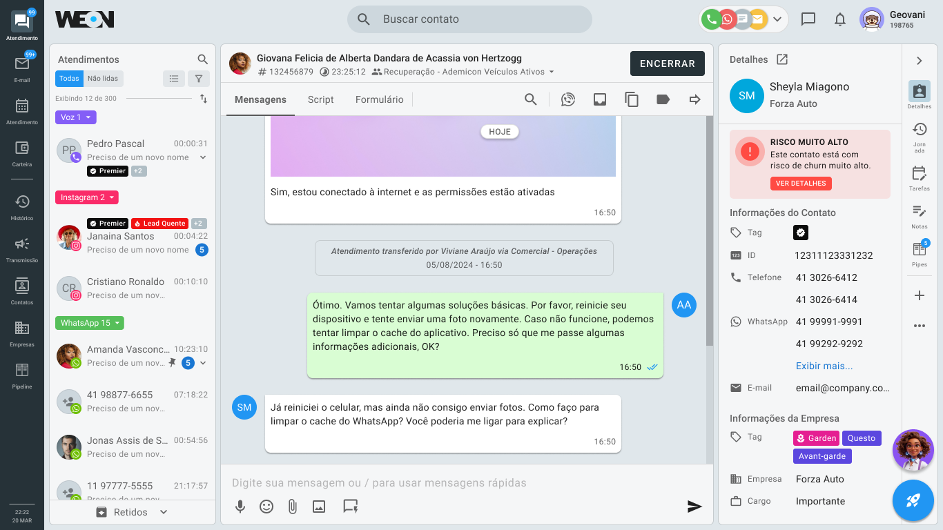 Inbox omnichannel da WeON: WhatsApp, voz e Instagram numa só tela, com risco de churn em contexto